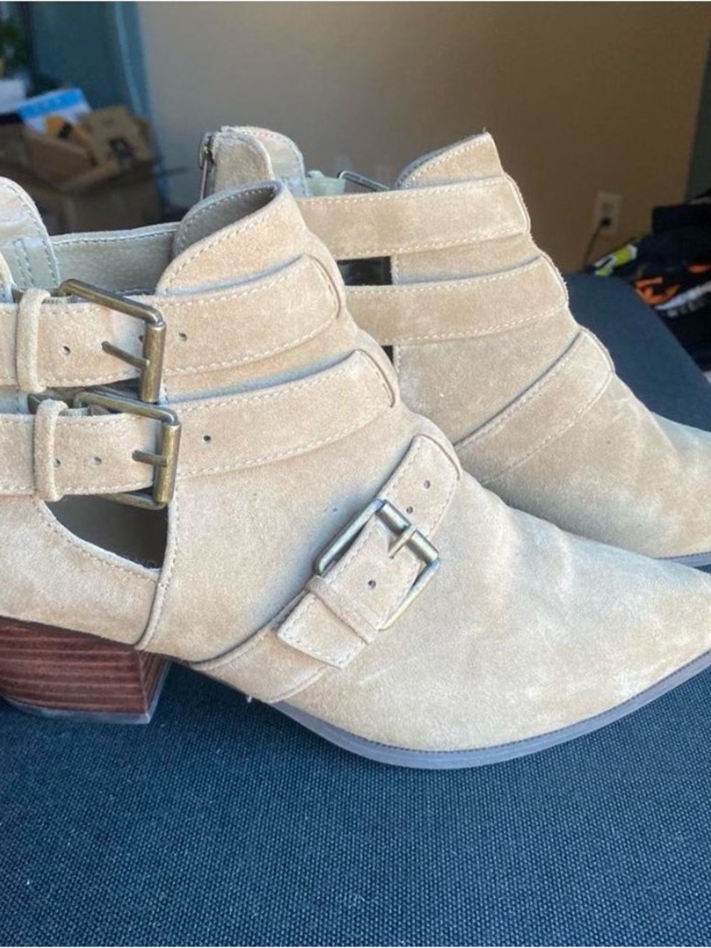Treasure & Bond Suede Double-Buckle Ankle Booties in Light Tan